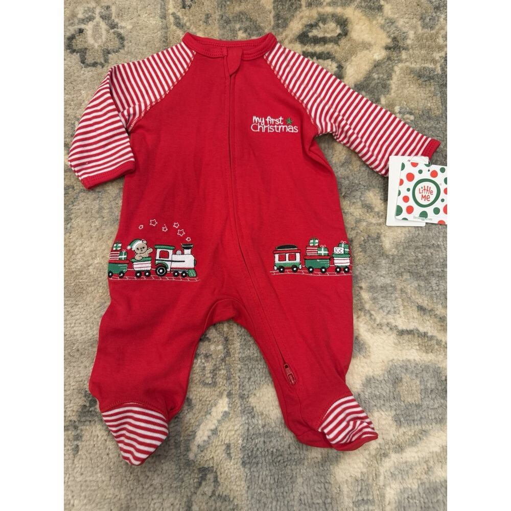 Little Me Sz Newborn My First Christmas Double Zip Footie 100% Cotton NWT